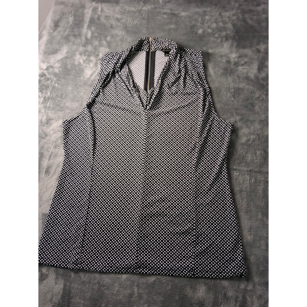 Ann Taylor Navy Blue White Geometric‎ Sleeveless Cowl Neck Zipper Back Top Large